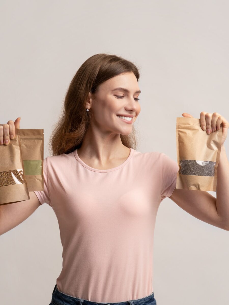 Lady with planet friendly packaging pouches